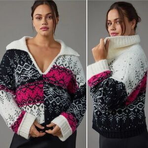 Anthropologie Pilcro V-Neck Fuzzy Printed Popover Sweater